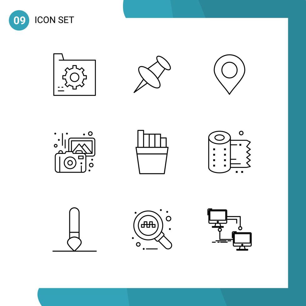 Pack of 9 creative Outlines of cleaning french location camera photography Editable Vector Design Elements