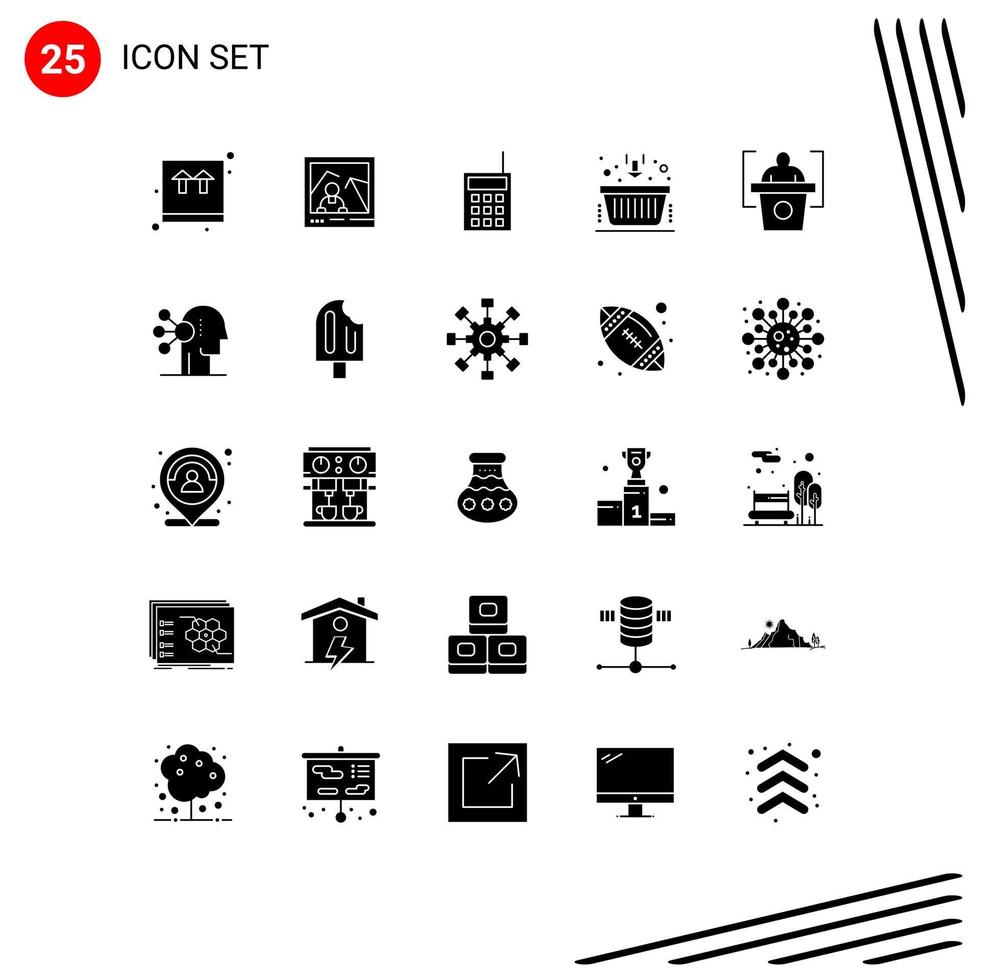 Group of 25 Modern Solid Glyphs Set for education finance devices business walkie Editable Vector Design Elements