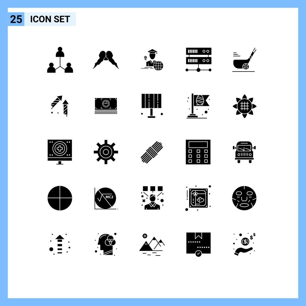 Modern Set of 25 Solid Glyphs and symbols such as stick hosting center men database server scholar Editable Vector Design Elements