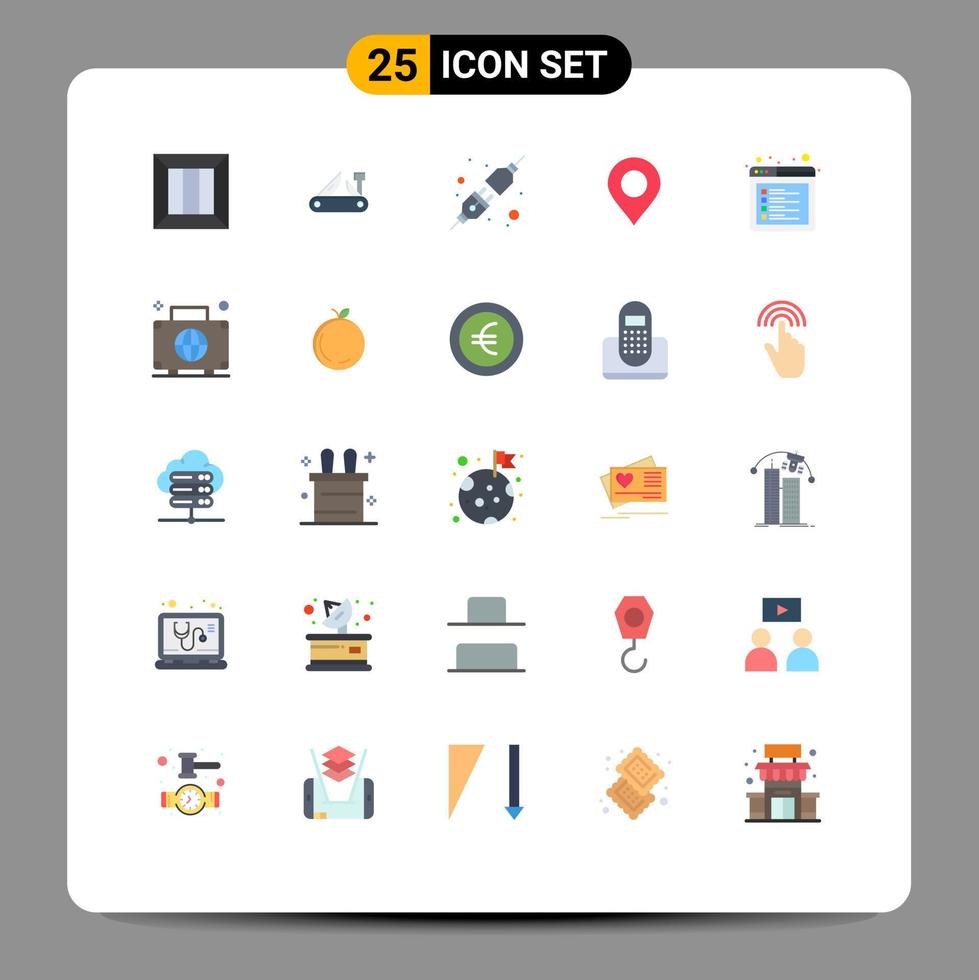 Group of 25 Flat Colors Signs and Symbols for browser pin pocket knife location socket Editable Vector Design Elements