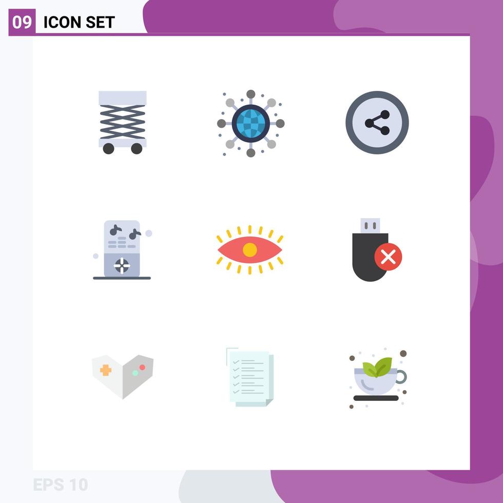 Group of 9 Flat Colors Signs and Symbols for computers watch social media eyes player Editable Vector Design Elements