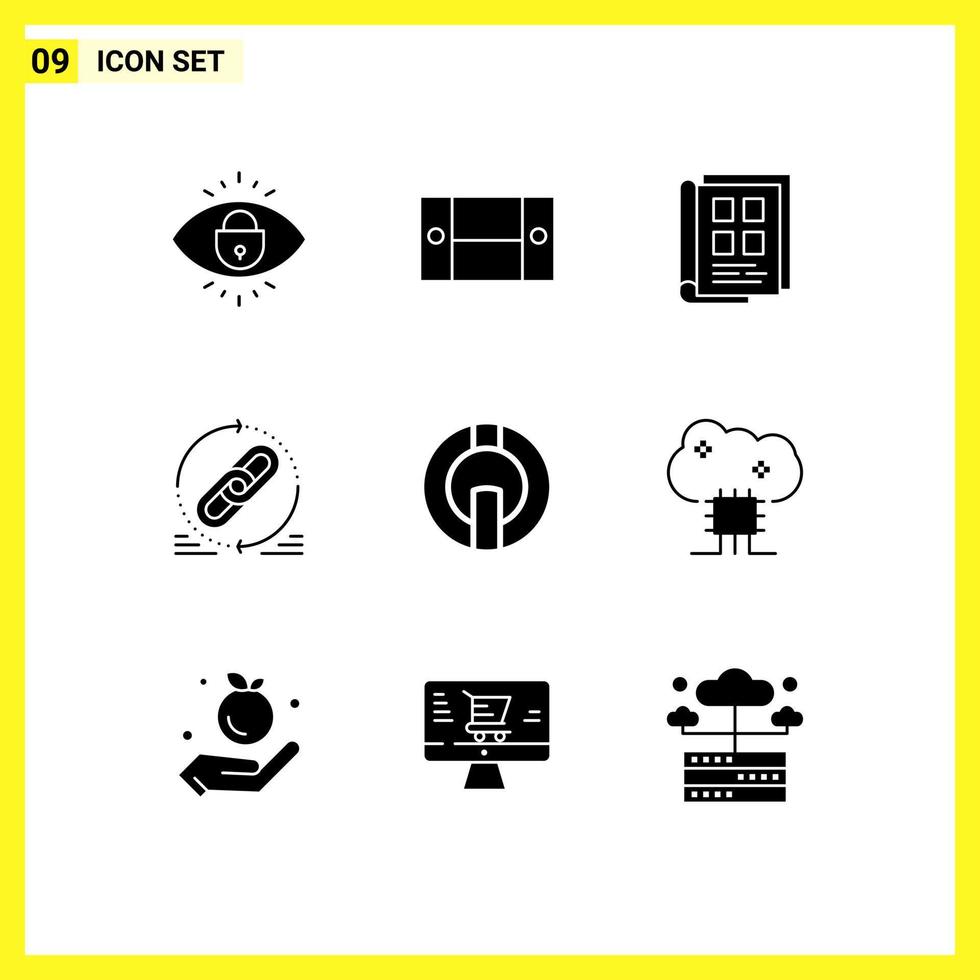 9 Universal Solid Glyphs Set for Web and Mobile Applications refresh web book hyperlink phone book Editable Vector Design Elements