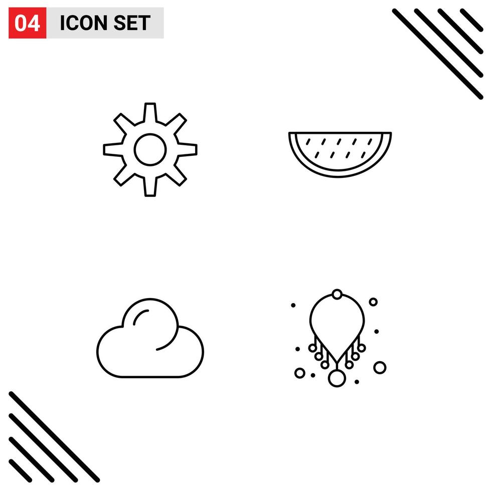 Mobile Interface Line Set of 4 Pictograms of gear overcast fruits water fashion Editable Vector Design Elements