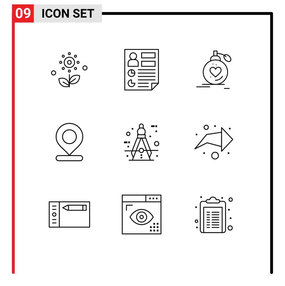 Modern Set of 9 Outlines Pictograph of marker location report wedding perfume Editable Vector Design Elements