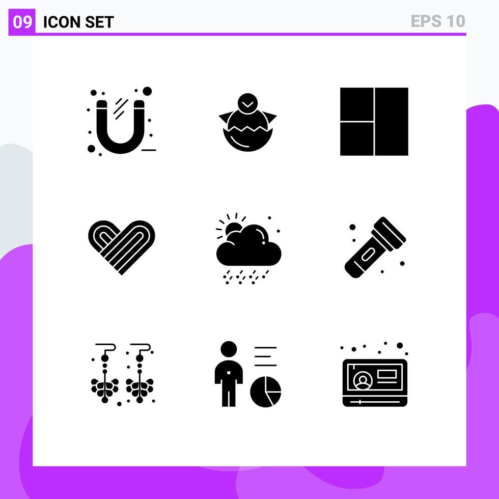 User Interface Pack of 9 Basic Solid Glyphs of weather cloud baby valentine heart Editable Vector Design Elements
