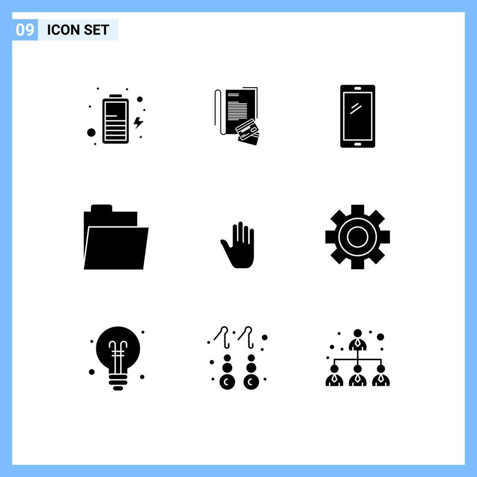 Pack of 9 creative Solid Glyphs of hand body language smart phone open files Editable Vector Design Elements