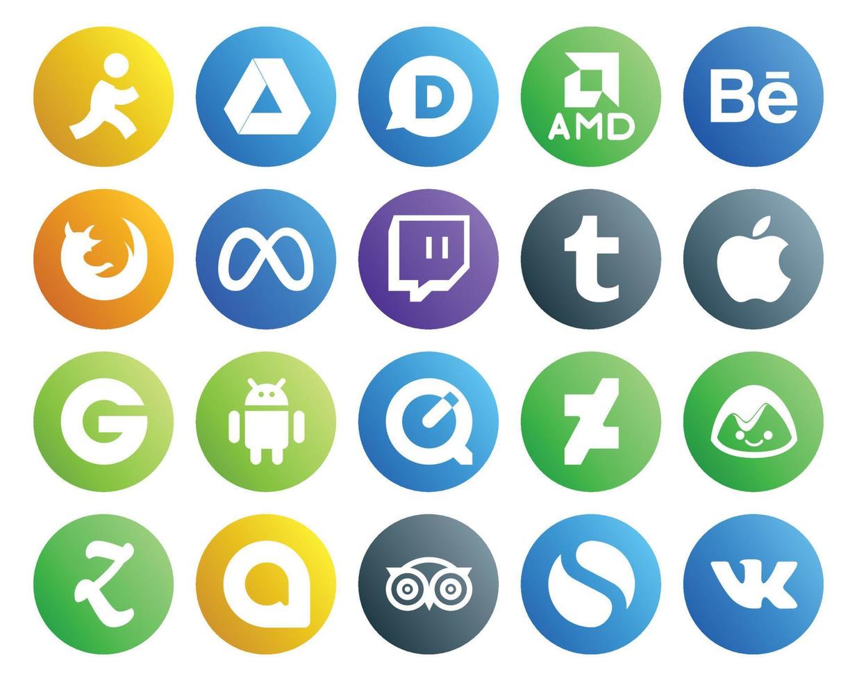 Paquete de 20 íconos de redes sociales que incluye zootool deviantart facebook quicktime groupon vector