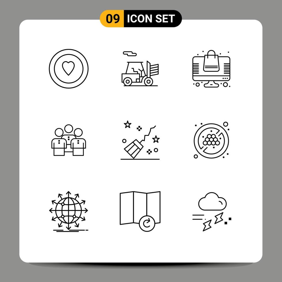 Mobile Interface Outline Set of 9 Pictograms of broom team shopping protection group Editable Vector Design Elements