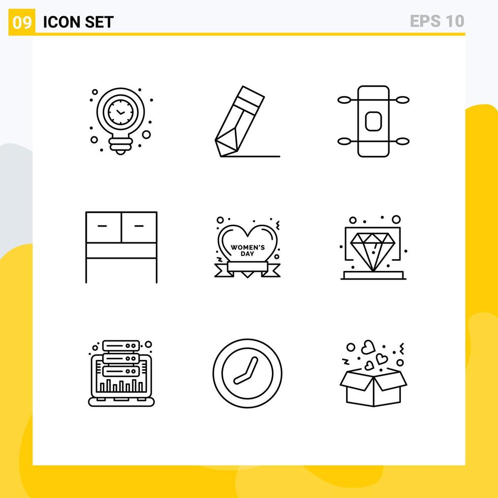 9 User Interface Outline Pack of modern Signs and Symbols of happy badge wreath table desk Editable Vector Design Elements