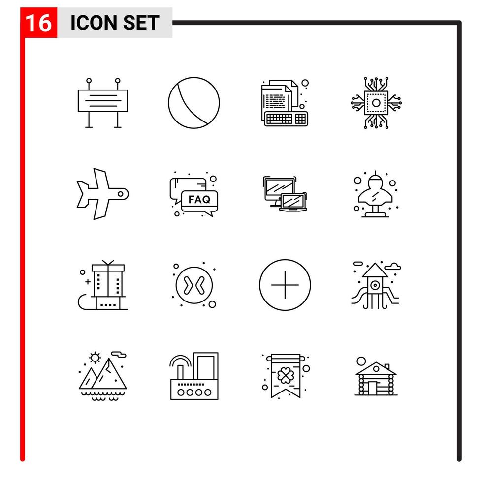 16 Universal Outlines Set for Web and Mobile Applications plane processor computer microchip chip Editable Vector Design Elements