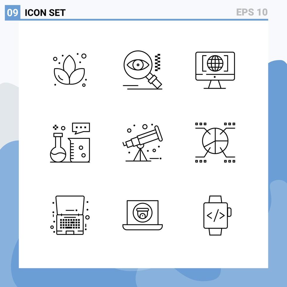 Set of 9 Commercial Outlines pack for space science lab internet lab equipment chemistry lab Editable Vector Design Elements