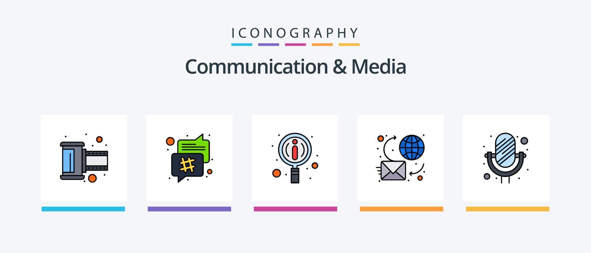 la línea de comunicación y medios llenó el paquete de 5 íconos, incluido el móvil. cinta negativa. charla en línea carrete. película. diseño de iconos creativos vector