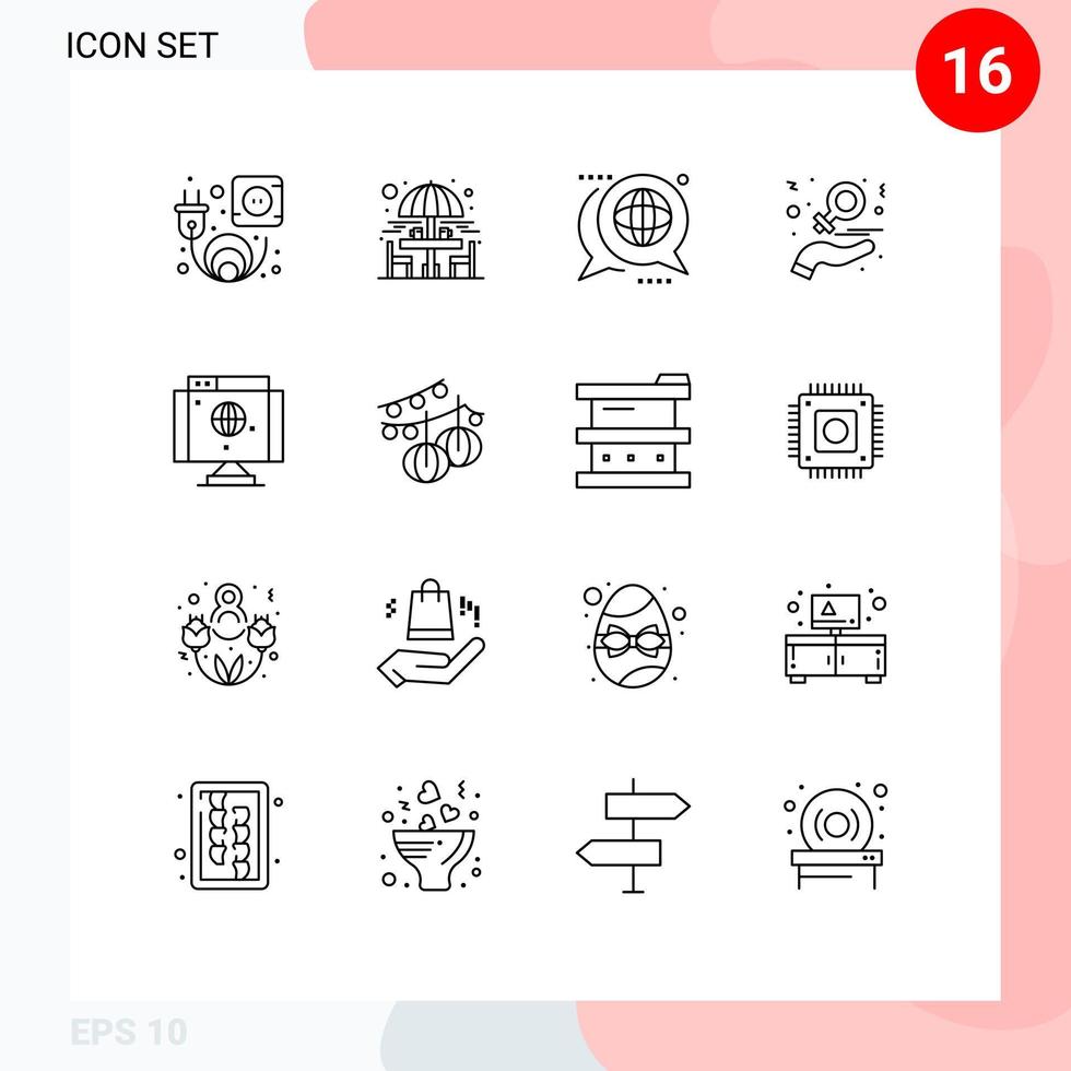 Pack of 16 Modern Outlines Signs and Symbols for Web Print Media such as computer love discussion hand charity Editable Vector Design Elements