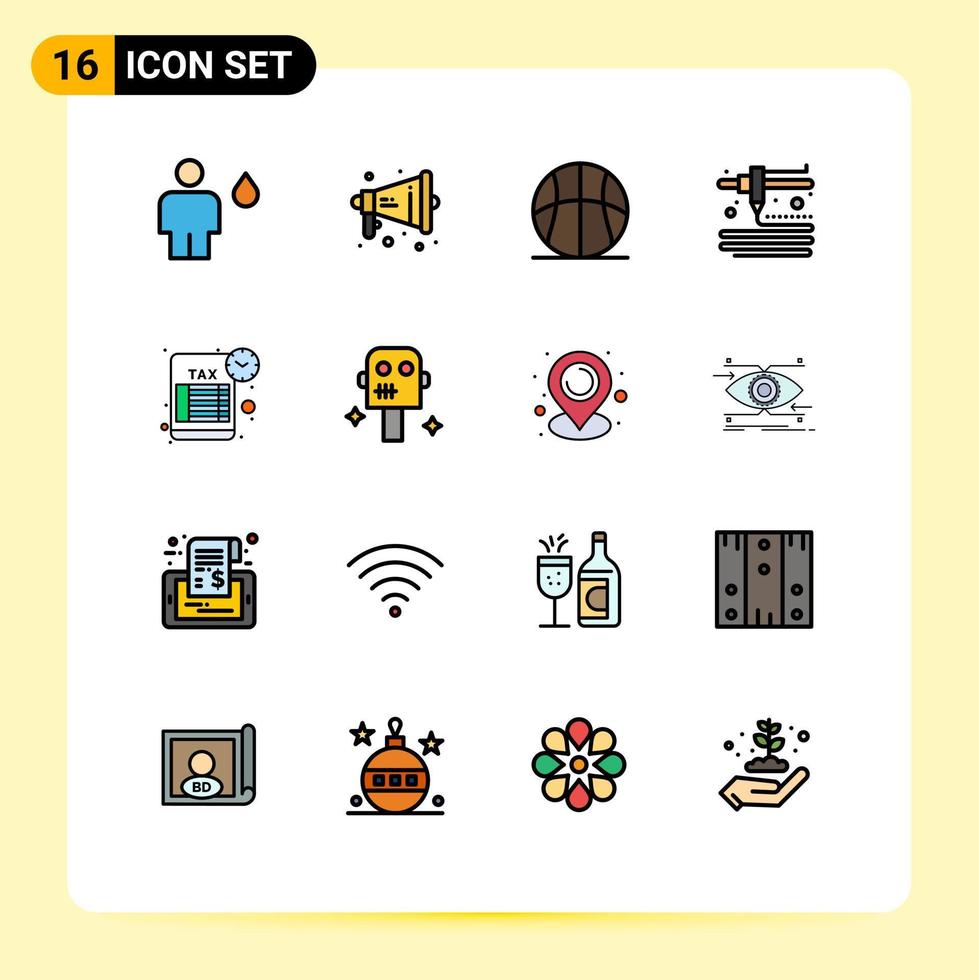 Mobile Interface Flat Color Filled Line Set of 16 Pictograms of schedule printing warning modeling game Editable Creative Vector Design Elements
