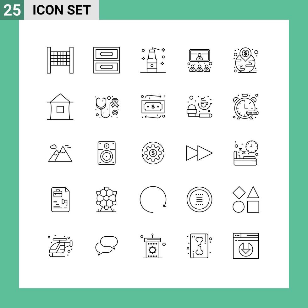 Mobile Interface Line Set of 25 Pictograms of location investment weapons financial presentation Editable Vector Design Elements