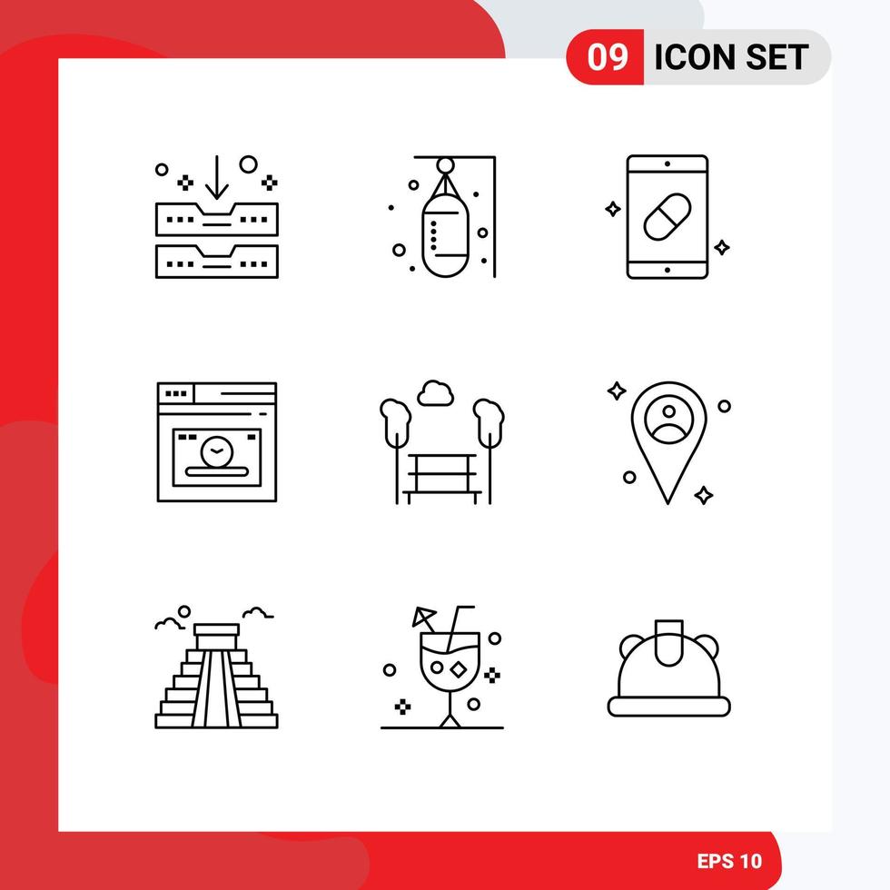 Set of 9 Vector Outlines on Grid for time page sports web medicine Editable Vector Design Elements