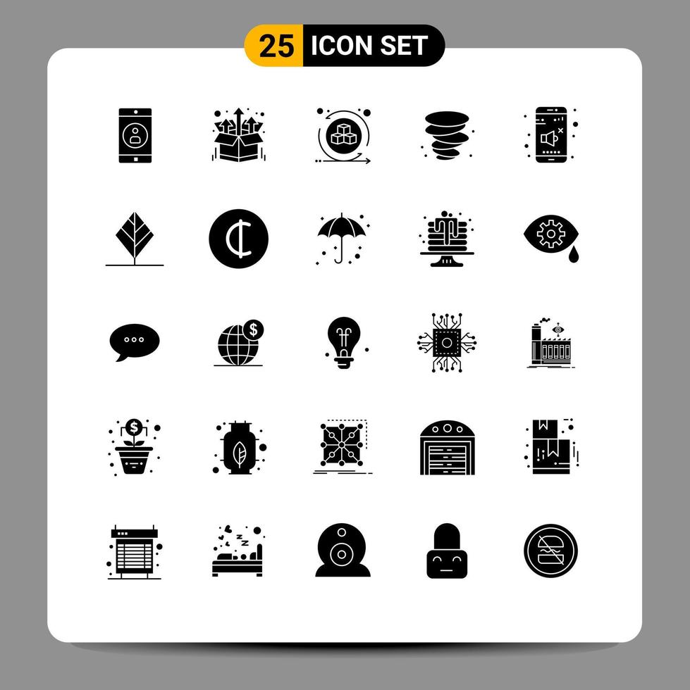 Pack of 25 creative Solid Glyphs of volume off environment wind storm Editable Vector Design Elements