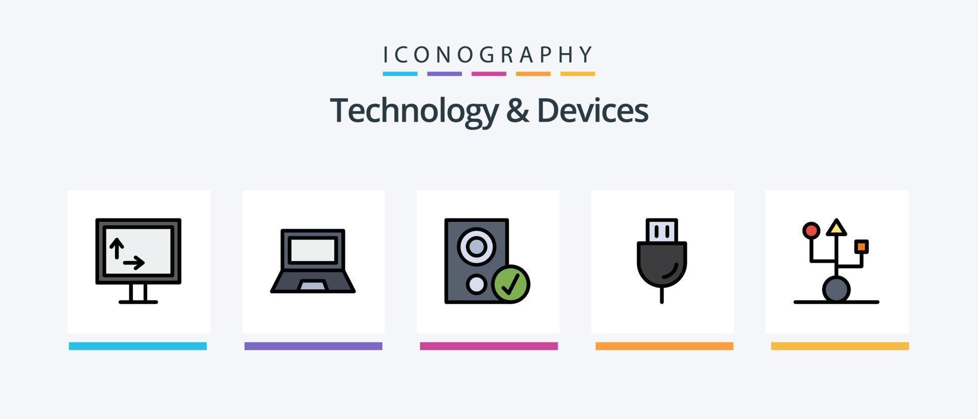 la línea de dispositivos llenó el paquete de 5 íconos que incluye tecnología. artilugio. hardware. dispositivos. televisión. diseño de iconos creativos vector