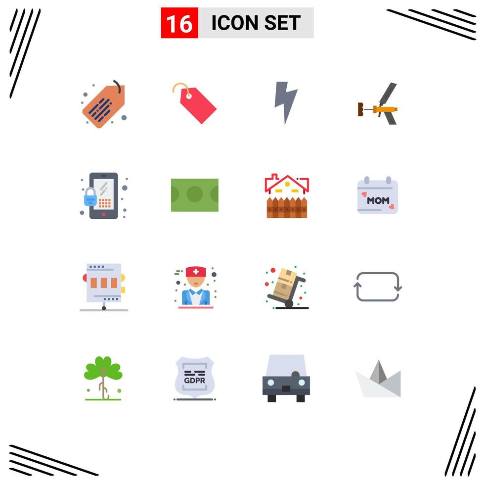 Pack of 16 Modern Flat Colors Signs and Symbols for Web Print Media such as lock tool power repair construction Editable Pack of Creative Vector Design Elements