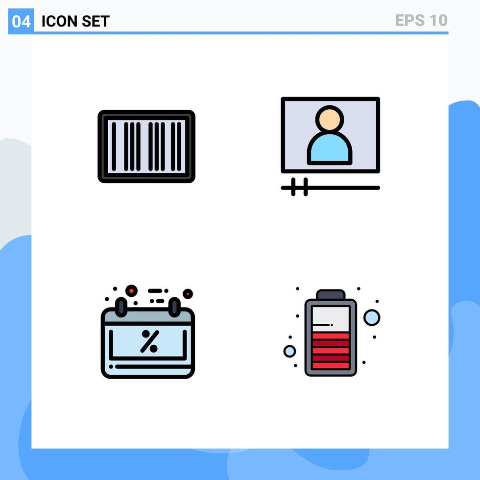 4 Filledline Flat Color concept for Websites Mobile and Apps barcode friday shopping video player battery Editable Vector Design Elements