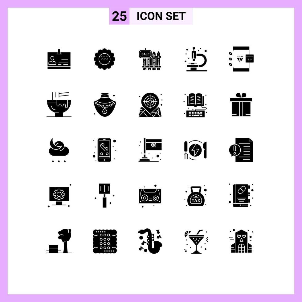 Mobile Interface Solid Glyph Set of 25 Pictograms of research lab spring house sale Editable Vector Design Elements