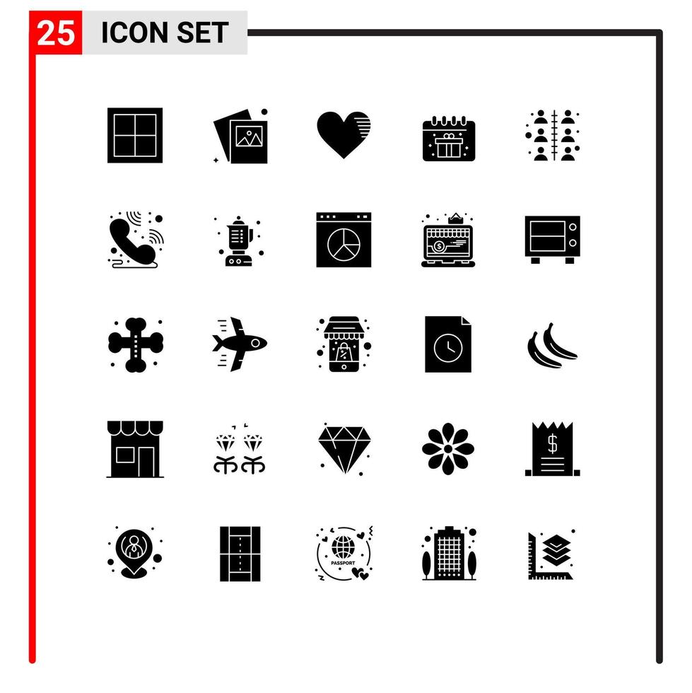 Pack of 25 Modern Solid Glyphs Signs and Symbols for Web Print Media such as relationship box heart calendar report Editable Vector Design Elements