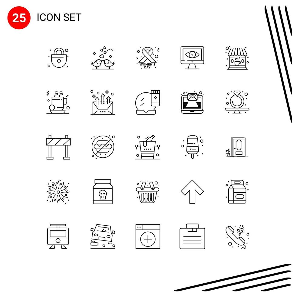 Set of 25 Vector Lines on Grid for tea coffee cancer sign cafe security Editable Vector Design Elements