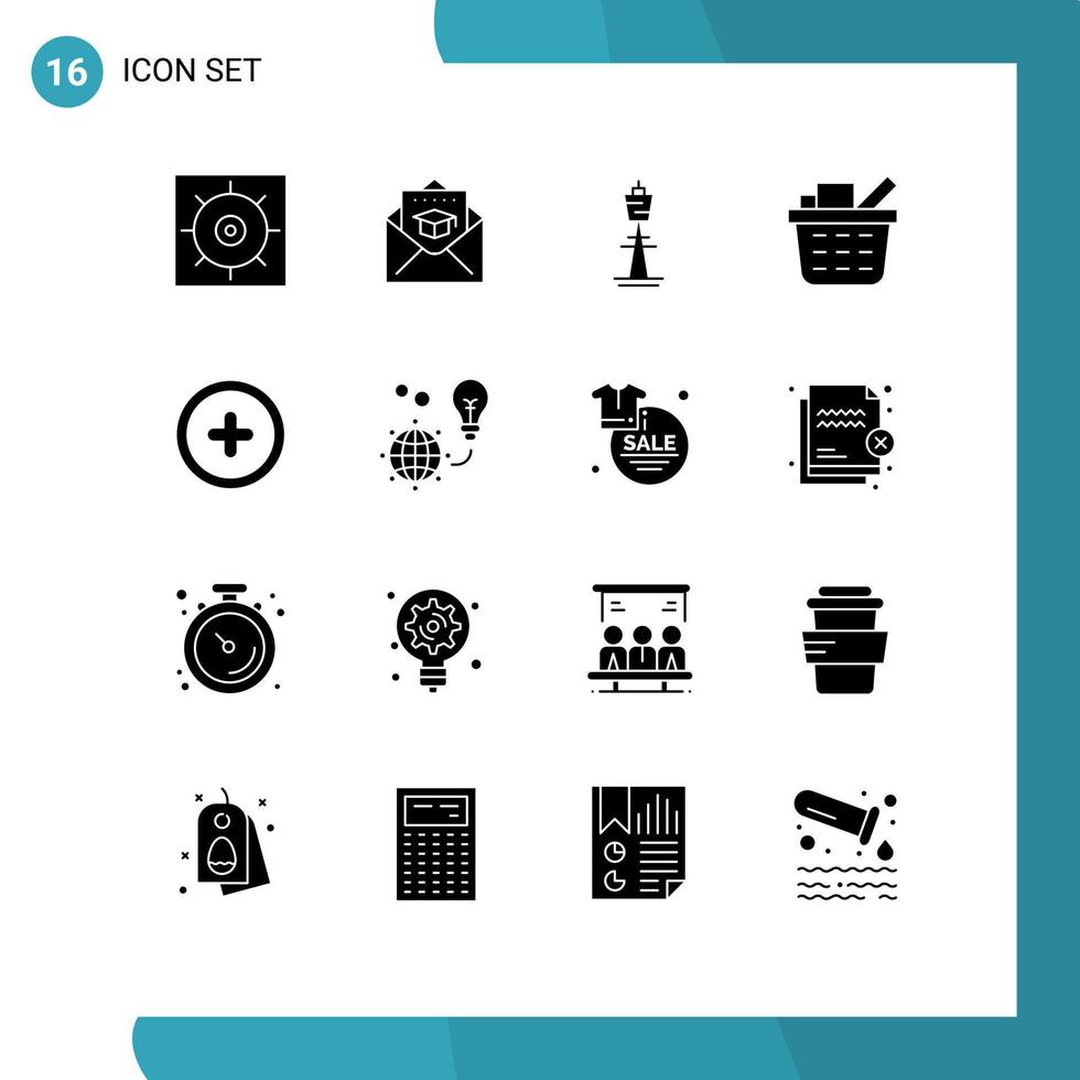 16 User Interface Solid Glyph Pack of modern Signs and Symbols of plus shopping cart australian checkout tv tower Editable Vector Design Elements