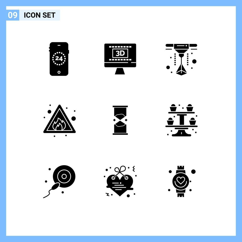 Editable Vector Line Pack of 9 Simple Solid Glyphs of sand timer printer time sign Editable Vector Design Elements