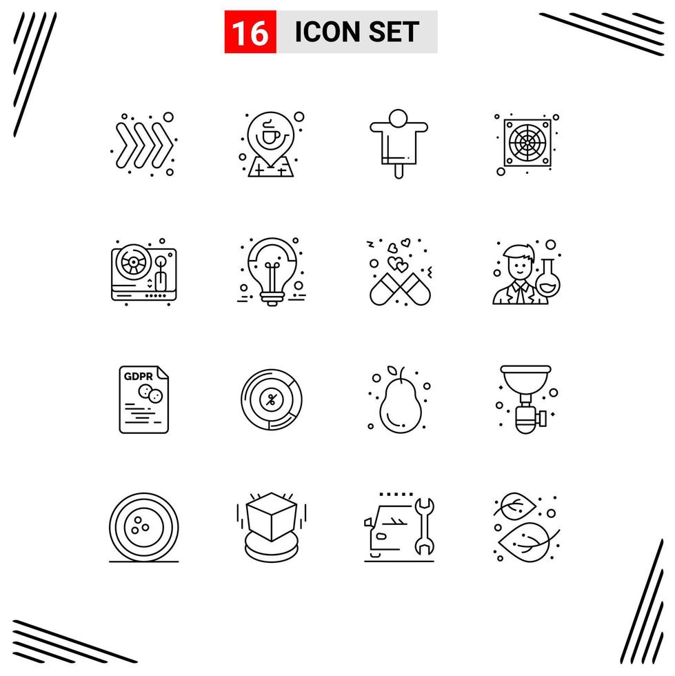 Group of 16 Modern Outlines Set for game steering agriculture fan computer Editable Vector Design Elements