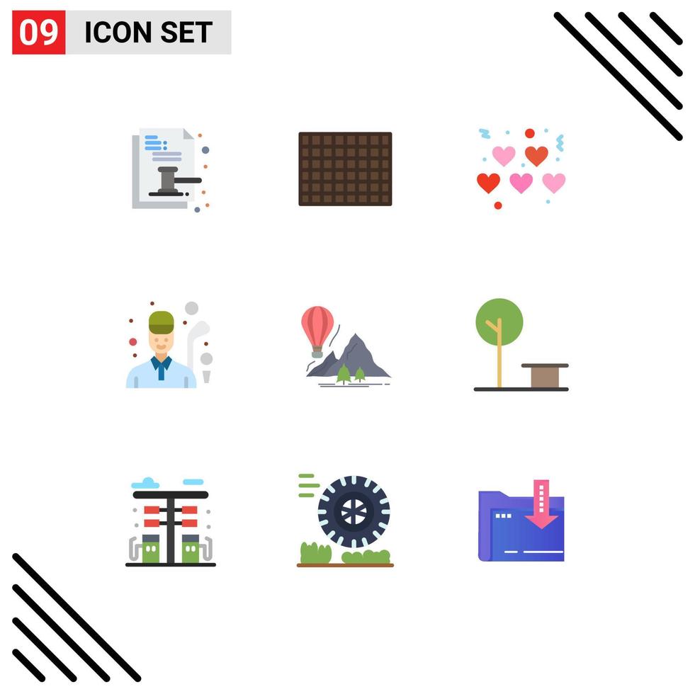 User Interface Pack of 9 Basic Flat Colors of mountains explore hearts game golfer Editable Vector Design Elements