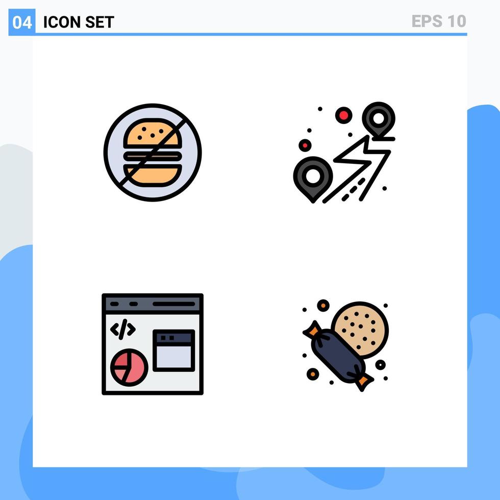 conjunto de pictogramas de 4 colores planos de línea rellena simple de datos de hamburguesa sin desarrollo de ruta elementos de diseño vectorial editables vector