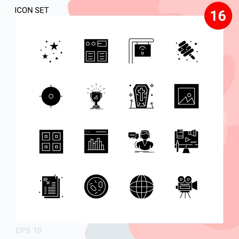 Pictogram Set of 16 Simple Solid Glyphs of goal archer cafe candy marshmallow Editable Vector Design Elements