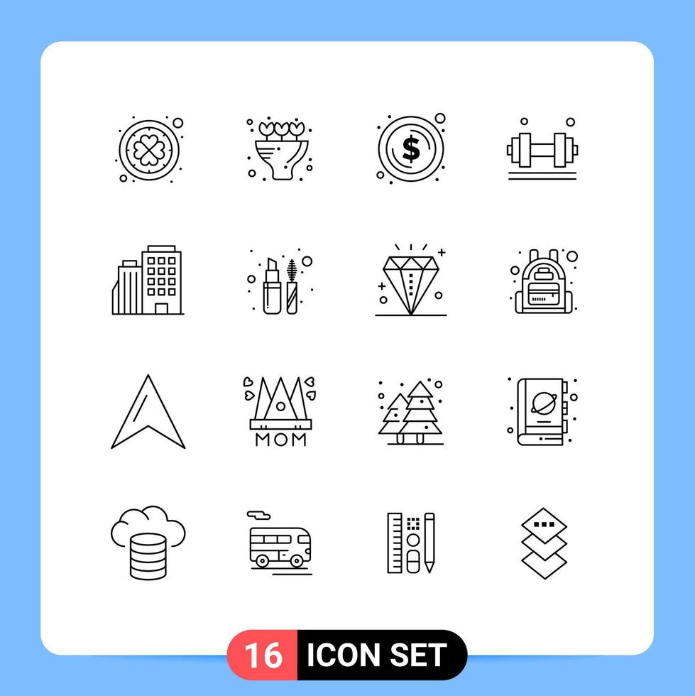 conjunto de pictogramas de 16 contornos simples de la construcción de elementos de diseño de vectores editables de gimnasio de moneda de levantador de pesas