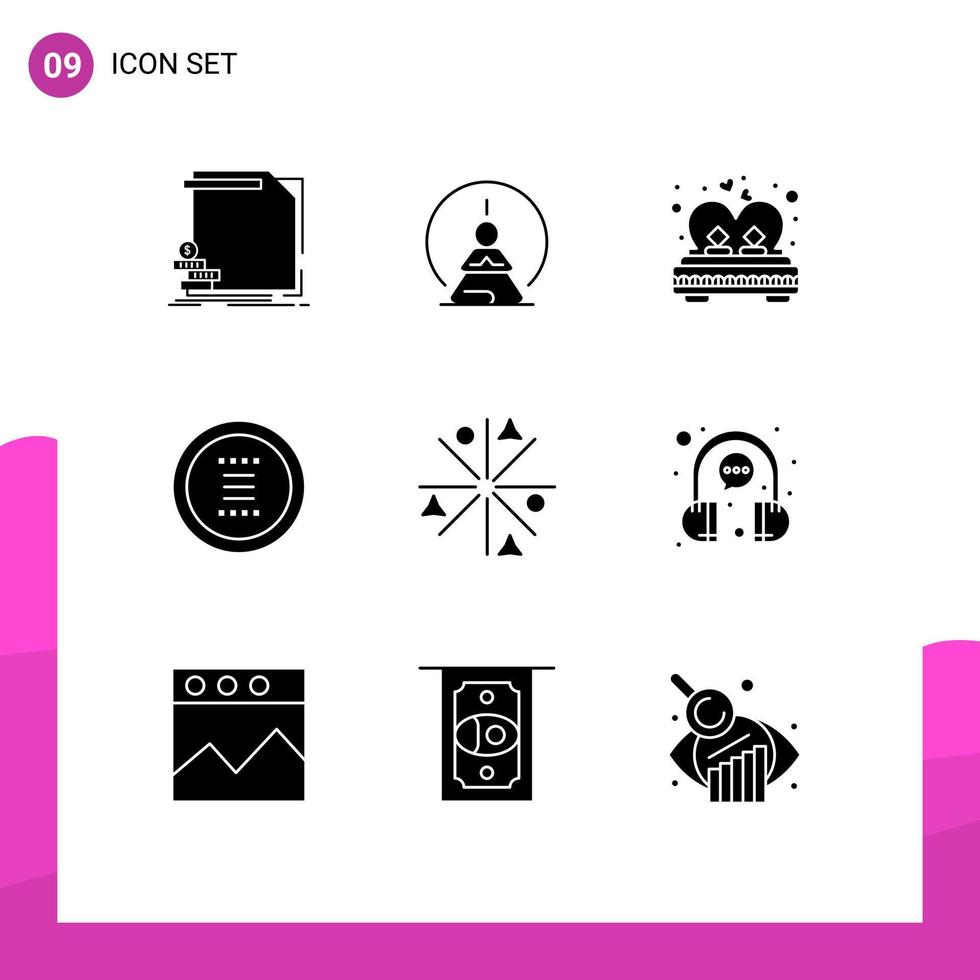 Pack of 9 creative Solid Glyphs of hamburger app mental romance love Editable Vector Design Elements