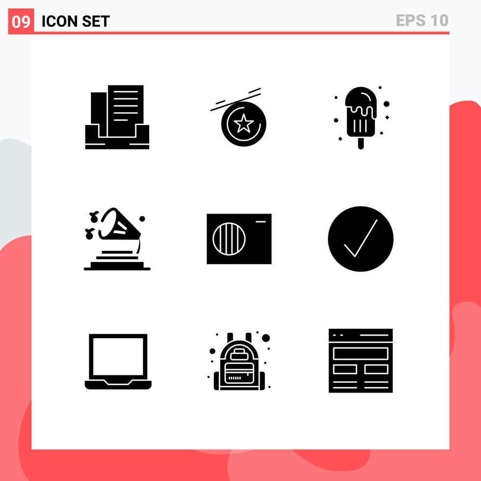 Universal Icon Symbols Group of 9 Modern Solid Glyphs of media outdoor summer conditioner volume Editable Vector Design Elements