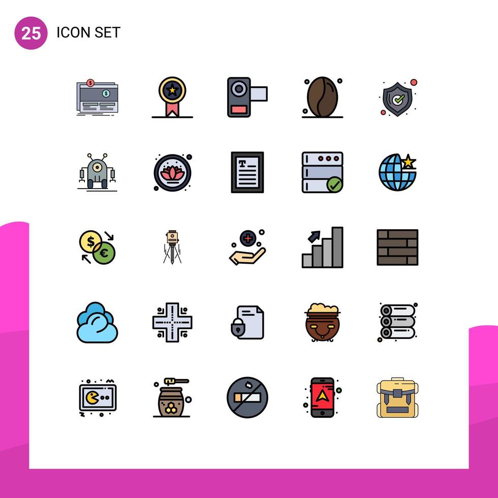 Group of 25 Modern Filled line Flat Colors Set for safety drink stamp coffee movie Editable Vector Design Elements
