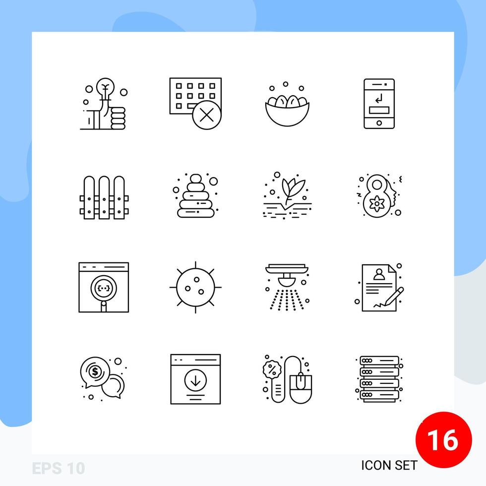 Group of 16 Modern Outlines Set for phone call keyboard arrows egg Editable Vector Design Elements