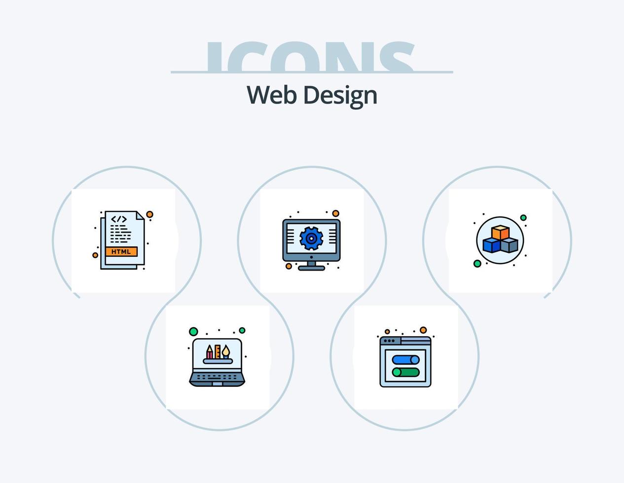 línea de diseño web paquete de iconos llenos 5 diseño de iconos. codificación. página. desarrollo. ajustes. engranaje vector