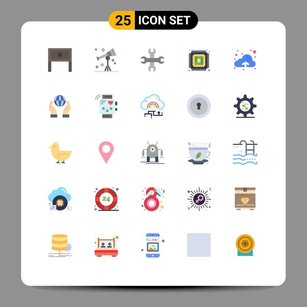 Group of 25 Flat Colors Signs and Symbols for upload cloud telescope power currency Editable Vector Design Elements
