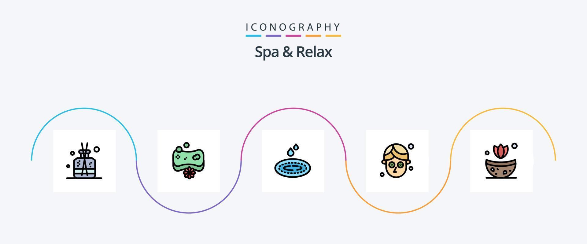 Spa And Relax Line Filled Flat 5 Icon Pack Including herb. bath. rain. mask. cucumber vector