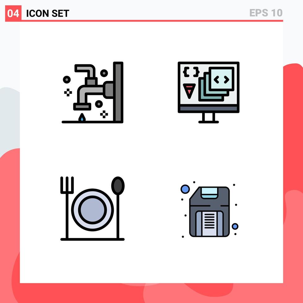 4 Universal Filledline Flat Colors Set for Web and Mobile Applications bath programming faucet coding food Editable Vector Design Elements