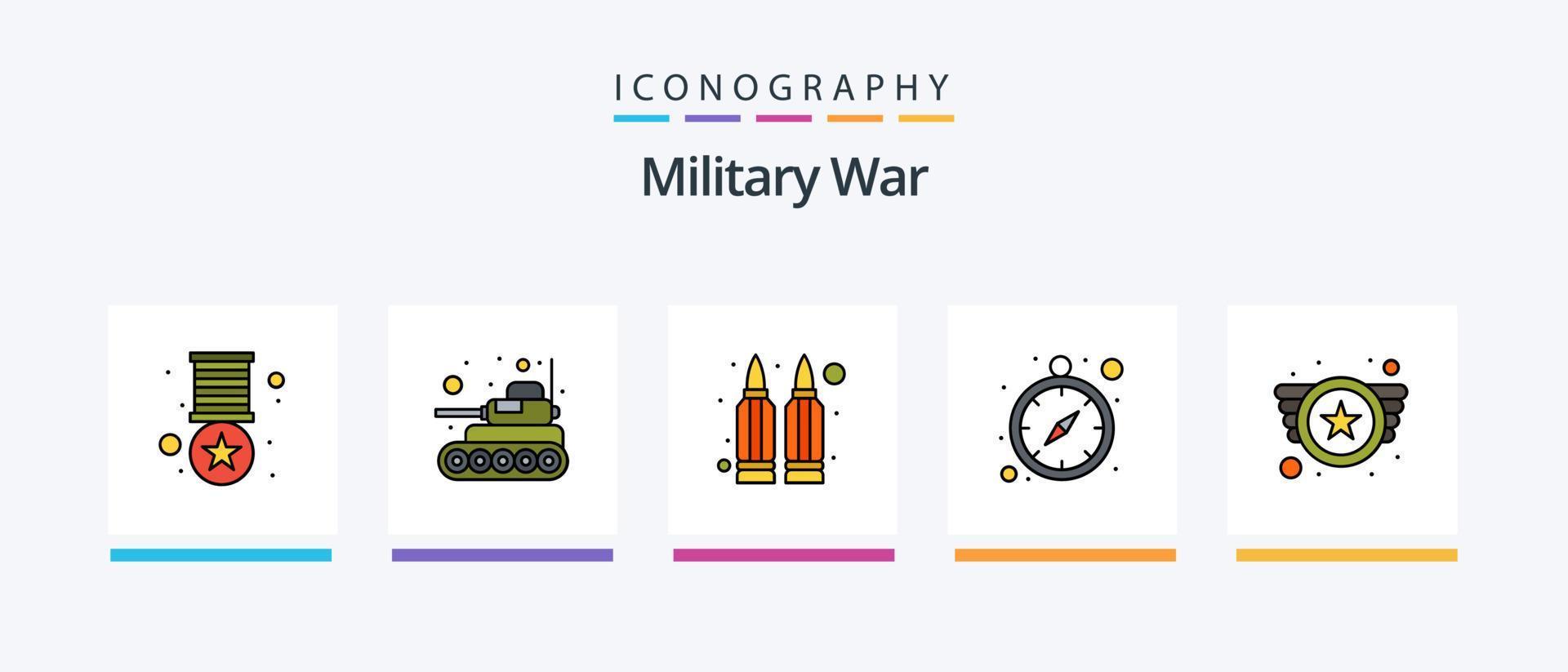 la línea de guerra militar llenó el paquete de 5 iconos, incluida la mochila. rango. ejército. militar. ejército. diseño de iconos creativos vector