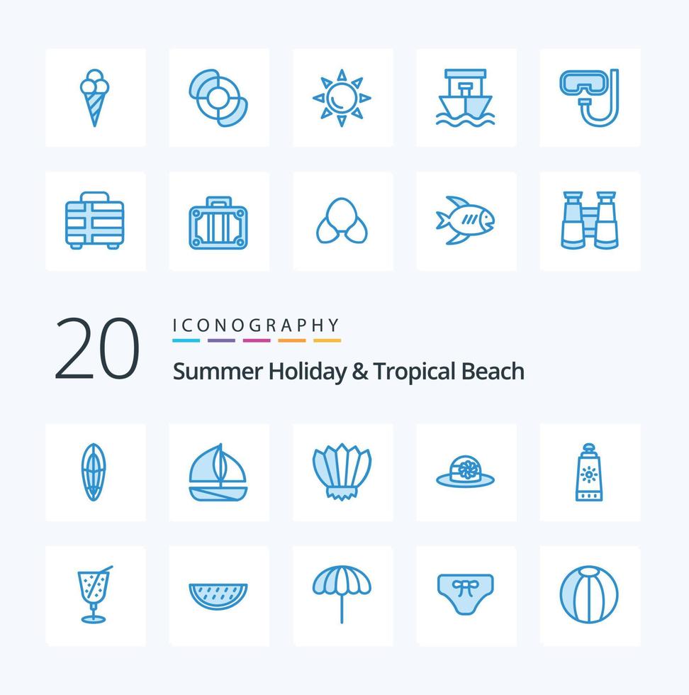 20 Beach Blue Color icon Pack like sunscreen beach fins cap beach vector