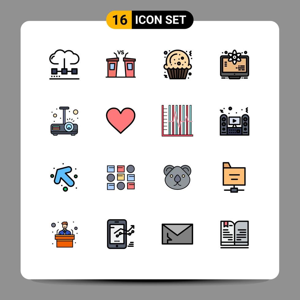 Mobile Interface Flat Color Filled Line Set of 16 Pictograms of beamer science politician monitor sugar Editable Creative Vector Design Elements