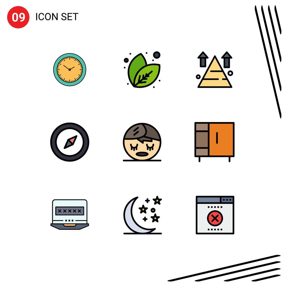 9 User Interface Filledline Flat Color Pack of modern Signs and Symbols of element spa land navigation compass Editable Vector Design Elements