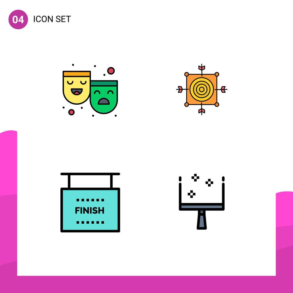 Group of 4 Filledline Flat Colors Signs and Symbols for masks end happy sad dart game Editable Vector Design Elements