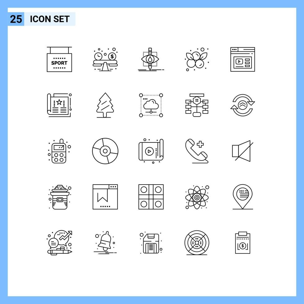 Pack of 25 creative Lines of page fruit monitoring blueberry berry Editable Vector Design Elements