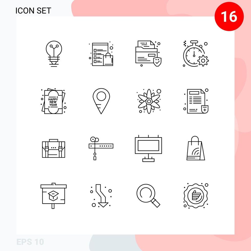 Pack of 16 Modern Outlines Signs and Symbols for Web Print Media such as greeting card gear file quick clock Editable Vector Design Elements