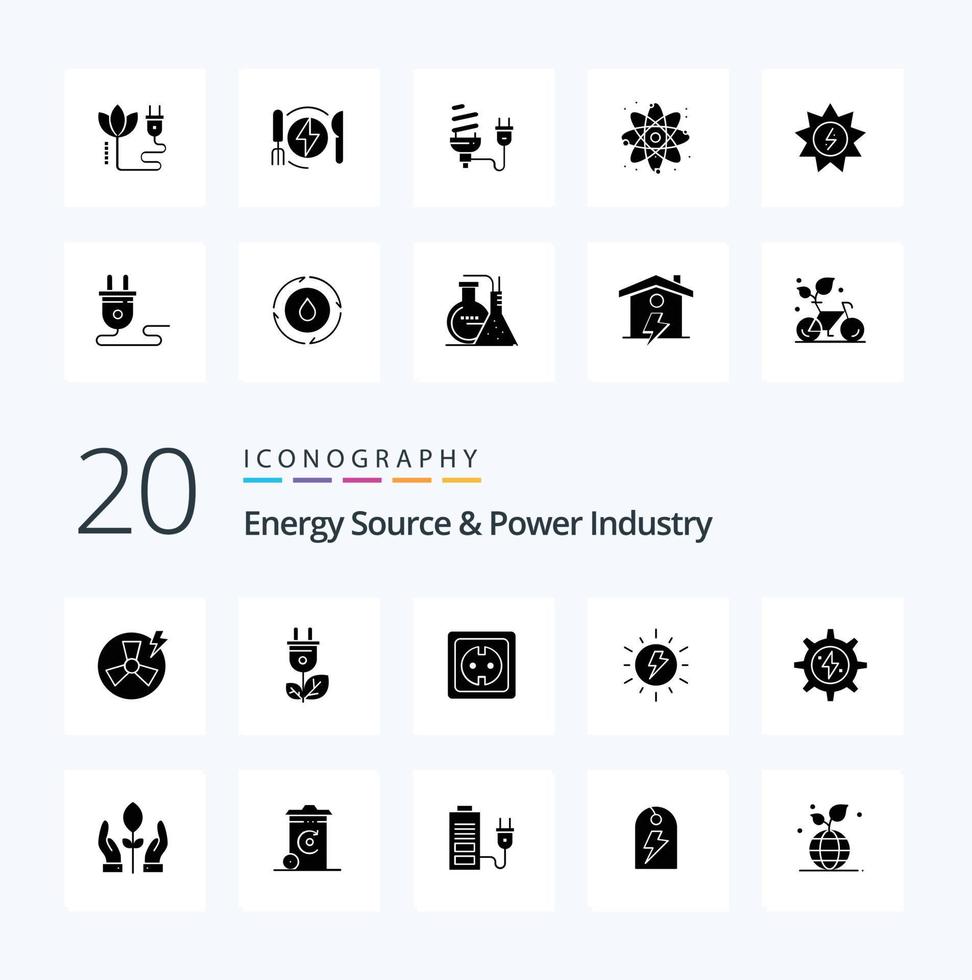 Paquete de iconos de glifos sólidos de 20 fuentes de energía e industria de la energía como toma de corriente solar de carga vector